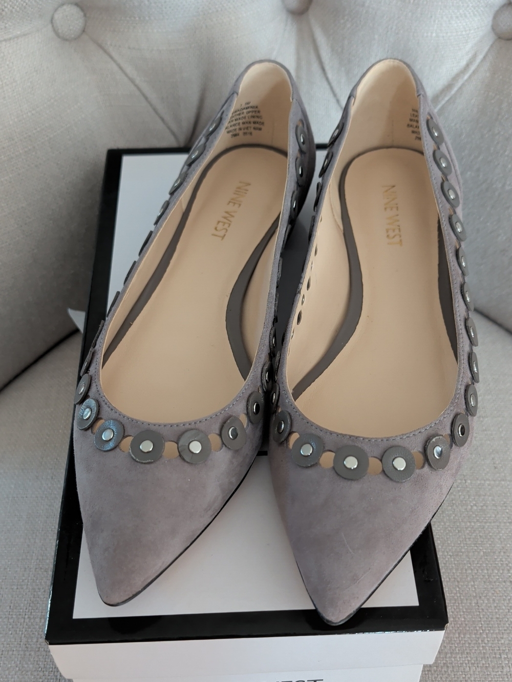 Nine West Suede Pointed Toe Flats with Metallic Disc Trim